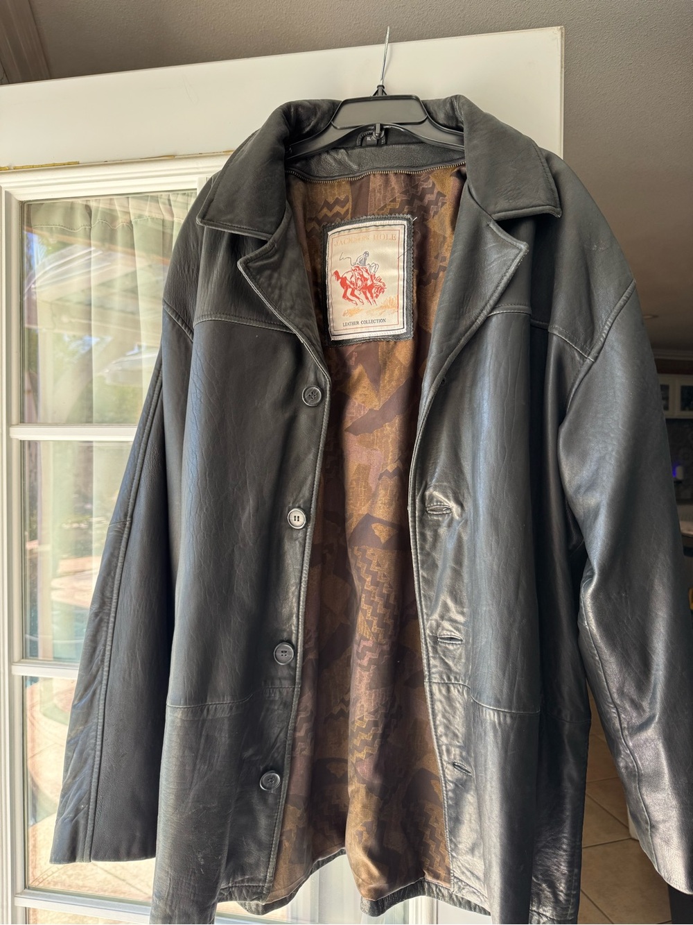 London Fog Black Leather Trench Coat with Patterned Lining